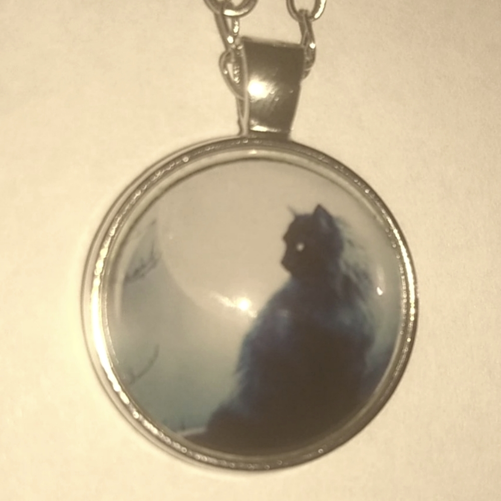 BLACK CAT + FULL MOON NECKLACE -- Halloween Pendant Jewelry Cabochon